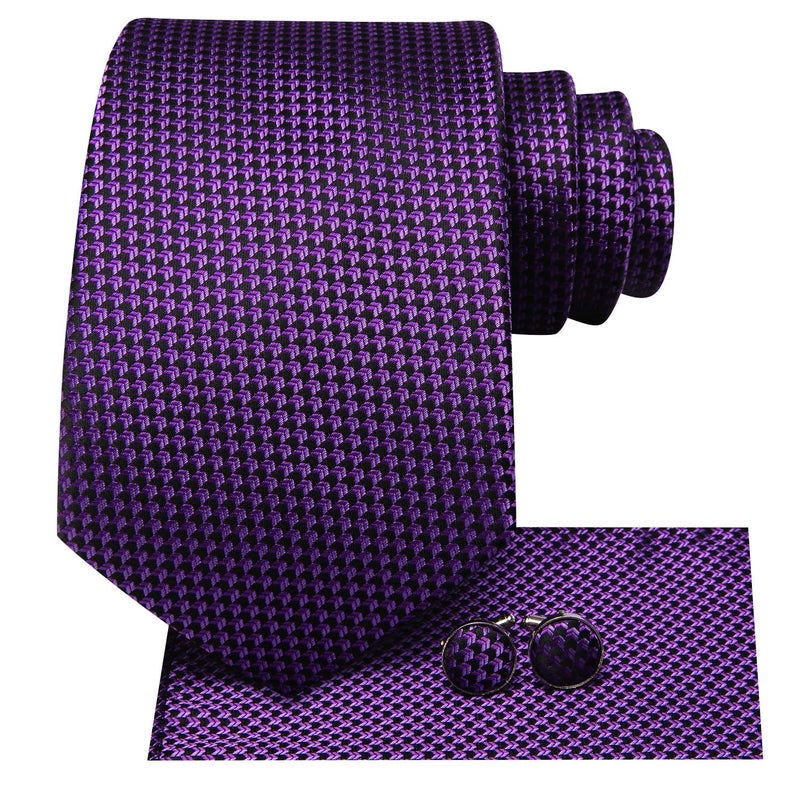 Dubulle Mens Black Purple Striped Tie WOVEN Necktie for Men and Handkerchief Cufflinks Set Wedding Formal Business - Image 4